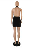 Black Fashion Sexy Solid Hollowed Out Backless Halter Sleeveless Dress