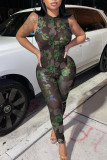 Green Fashion Sexy Print See-through O Neck Skinny Jumpsuits