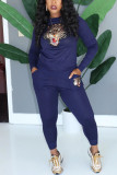 Black Fashion Casual Print Basic O Neck Long Sleeve Two Pieces
