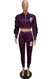 purple Polyester Elastic Fly Long Sleeve Mid Patchwork stringy selvedge Print Straight Pants Two-piece sui