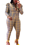 Pink venetian Fashion Casual adult Ma'am Plaid Two Piece Suits pencil Long Sleeve Two Pieces