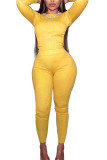 Yellow Sexy Solid Backless O Neck Long Sleeve Regular Sleeve Short Two Pieces