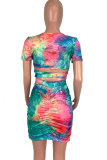 Green Polyester Fashion Casual adult Blue Green Cap Sleeve Short Sleeves O neck Step Skirt Mini Print Patchwork backless Tie and dye hollow out Dresses