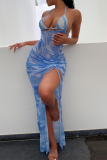 Sky Blue Sexy Print Patchwork Mesh Swimwears Three Pieces