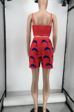 Red Sexy Print Patchwork Spaghetti Strap Sleeveless Two Pieces