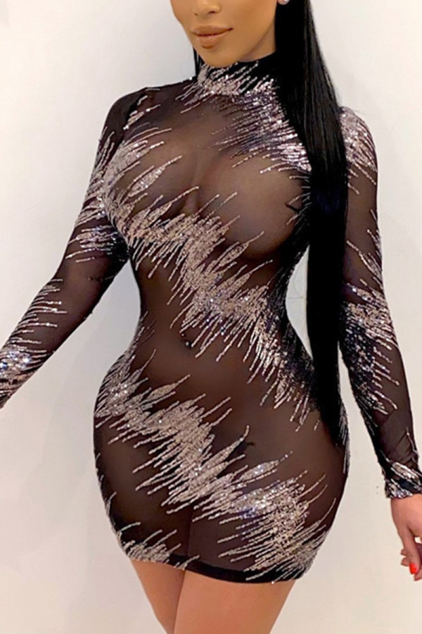 Black Sexy Patchwork Sequins See-through Mesh Turtleneck Sheath Dresses