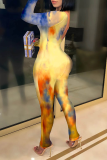 Yellow Sexy Print Tie-dye O Neck Skinny Jumpsuits