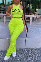Fluorescent green Milk Silk Active Letter Print Solid Straight Short Sleeve Two Pieces