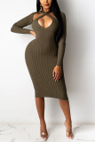 Green Sexy Solid Hollowed Out O Neck Pencil Skirt Dresses