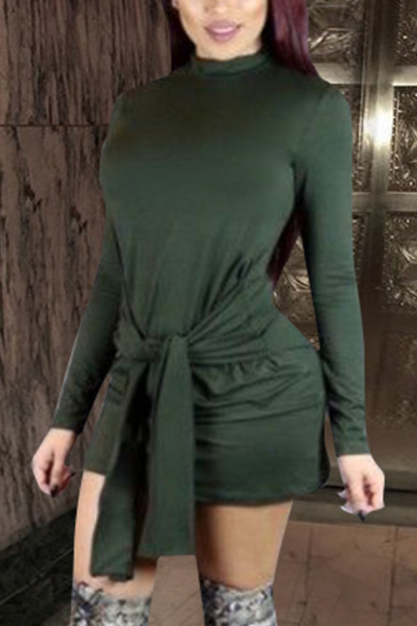 Army Green Casual Solid Bandage Half A Turtleneck Lantern Skirt Dresses