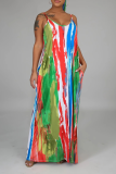 Green Sexy Print Split Joint Spaghetti Strap Straight Dresses