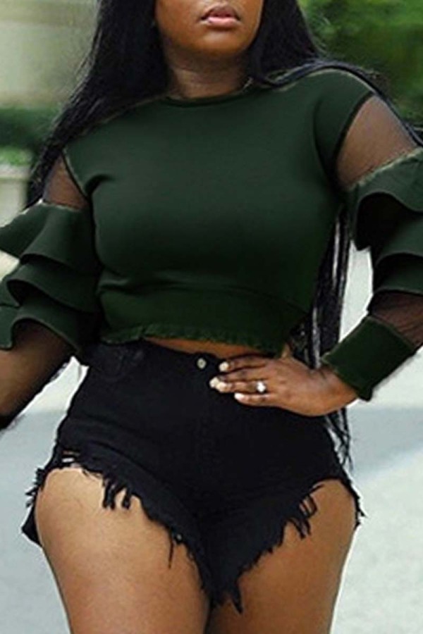 Green Fashion Casual Solid Patchwork Flounce O Neck Tops