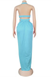 Rose Red Fashion Sexy Solid Hollowed Out Backless Slit Halter Sleeveless Dress
