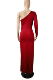 Red Sexy Solid Hollowed Out One Shoulder Pencil Skirt Dresses
