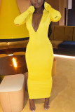 Yellow Elegant Solid Embroidered Split Joint O Neck Pencil Skirt Dresses