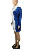 Blue Sexy Polyester Gradual Change Print Turndown Collar Long Sleeve Mini Pencil Skirt Dresses