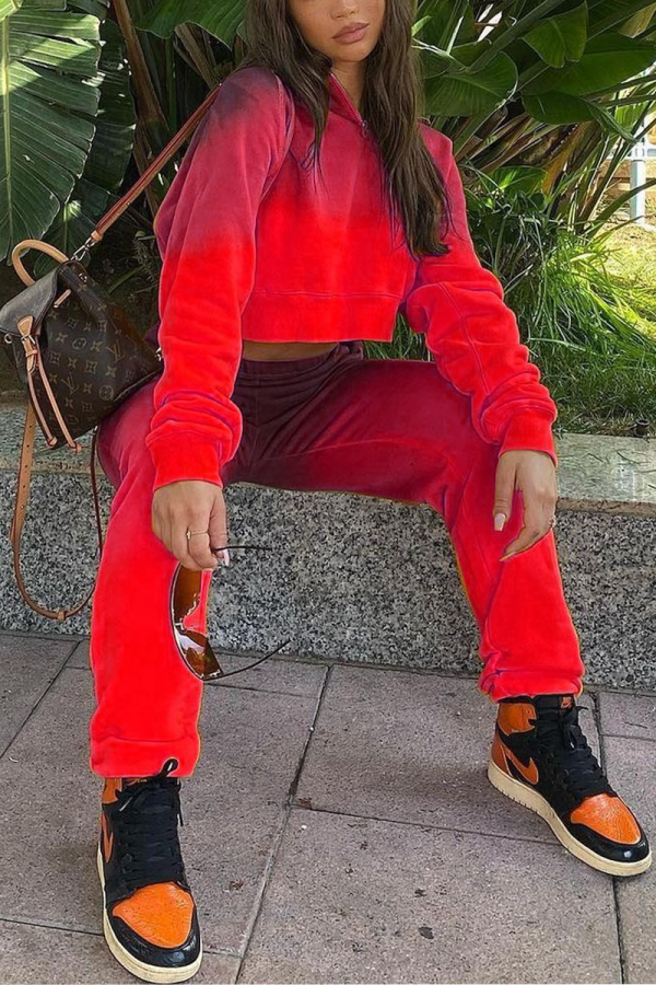 Red Casual Print Tie-dye O Neck Long Sleeve Two Pieces