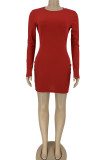 Grey Fashion Daily Adult Polyester Solid Split Joint O Neck Long Sleeve Mini Pencil Skirt Dresses