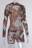 Brown Elegant Print O Neck Regular Rompers