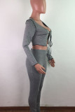 Grey Street Polyester Solid Hollowed Out See-through U Neck Long Sleeve Short Two Pieces