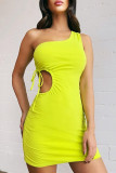 Yellow Fashion Sexy Solid Hollowed Out fur One Shoulder Sleeveless Dress