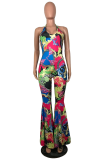 Multi-color Sexy Print Patchwork Halter Boot Cut Jumpsuits