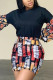 Black Sexy Polyester Print O Neck Long Sleeve Lantern Sleeve Short Two Pieces