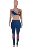Deep Blue Fashion Sexy Print Backless Strap Design Sleeveless Two Pieces