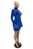 Color Blue Celebrities Solid Patchwork O Neck Pencil Skirt Dresses