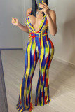 Red Sexy Casual Striped Print Backless Strap Design V Neck Regular Jumpsuits
