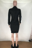 Black OL Long Sleeves Pencil Dress Knee-Length stringy selvedge Solid chain Dresses