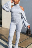 Grey Fashion PVC Solid Split Joint Frenulum Fold Turtleneck Skinny Jumpsuits