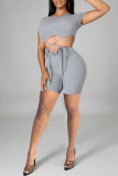 Grey Fashion Sexy Solid Hollowed Out Strap Design O Neck Regular Romper