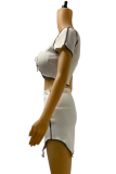 Cream White Sexy Print Hollowed Out Square Collar Short Sleeve Two Pieces