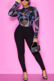 Black Sexy Print See-through O Neck Tops