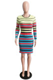 Multi-color Casual Long Sleeves O neck Slim Dress Mini Striped