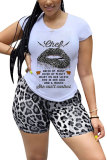 Yellow Fashion Casual adult Leopard Letter Patchwork Print Two Piece Suits Lips Print pencil Short Sleeve Two Pieces