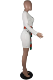 White Casual Print Patchwork O Neck A Line Dresses