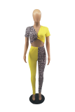 Yellow Street Leopard Patchwork V Neck Short Sleeve Two Pieces