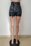 Black Fashion Casual Solid With Belt Regular Mid Waist Shorts