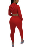 Red Fashion Sexy Adult Solid Hooded Collar Long Sleeve Cap Sleeve Short Two Pieces