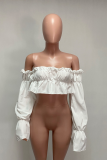 White One word collar Long Sleeve Solid Draped Tops