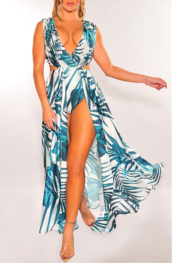 Ink Green Sexy Print High Opening V Neck Straight Dresses