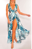 Blue Sexy Print High Opening V Neck Straight Dresses
