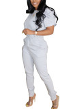 Grey Polyester Fashion Casual adult Ma'am Solid Two Piece Suits pencil Short Sleeve Two Pieces