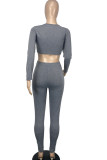 Grey Polyester Fashion Casual adult Ma'am Solid Two Piece Suits pencil Long Sleeve Two Pieces