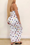 White Polyester Fashion Sexy adult White Pink Spaghetti Strap Sleeveless Slip Step Skirt Ankle-Length Print Patchwork Tie and dye Dresses