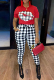 Red Casual Plaid Lips Printed Patchwork O Neck Short Sleeve Two Pieces