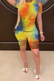 Pink Polyester Fashion Sexy Print Tie Dye Burn-out Two Piece Suits pencil Short Sleeve Two Pieces