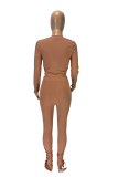 Pink Casual Solid Draw String O Neck Long Sleeve Two Pieces